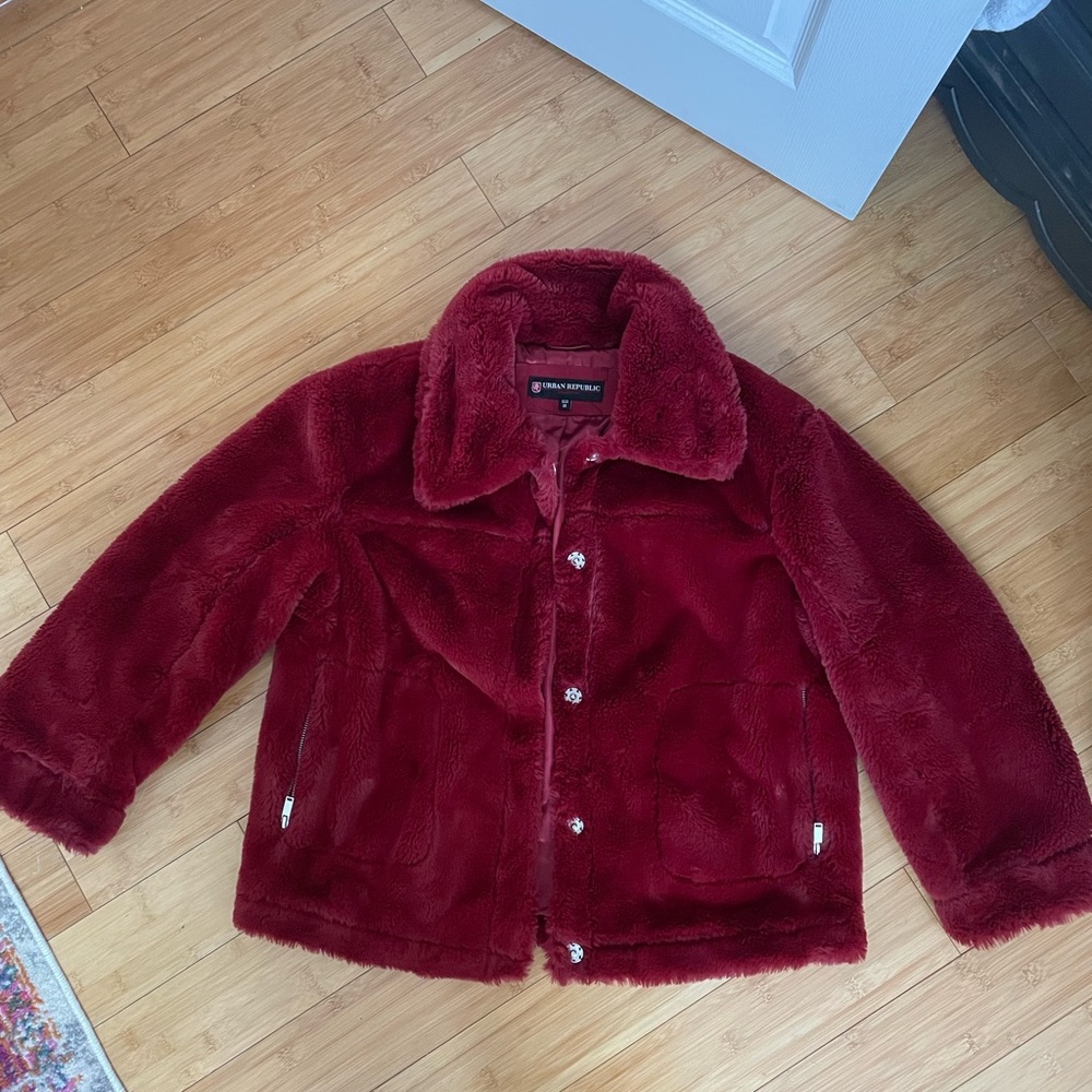 Red Cropped Faux Fur Jacket